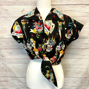 Dulce Amor by Sara Delao Viva Las Vegas Tattoo PrintTie Front Cropped Blouse